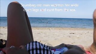 wife shows cunt to men on beach and wanks one old scum bag